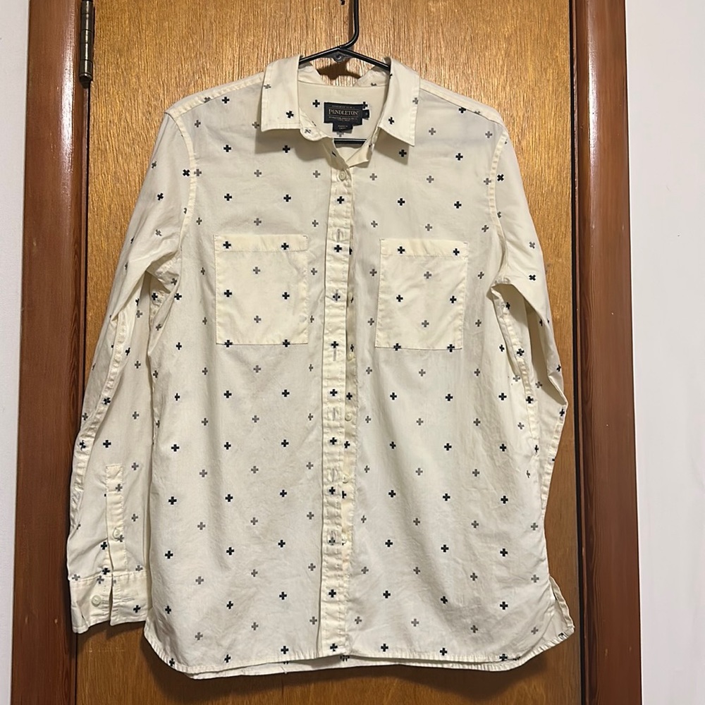Pendleton Cream Cross Print Button Up Shirt Small - image 1